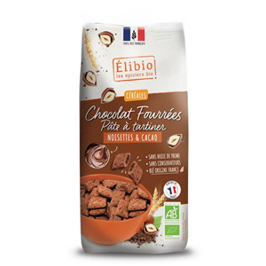 Céréales fourrées &quot;pâte à tartiner&quot; noisettes et cacao - 375 g - Élibio